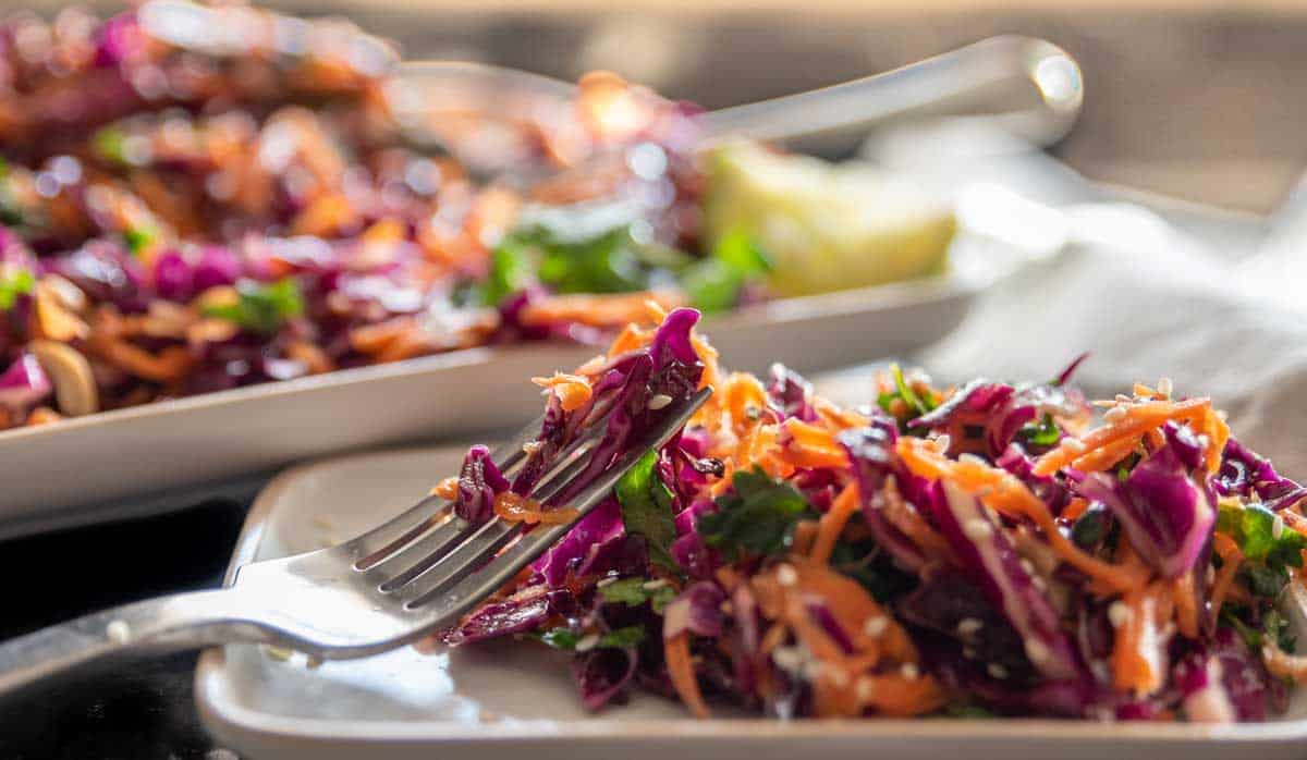 Plate of brightly coloured Asian coleslaw with a fork. 