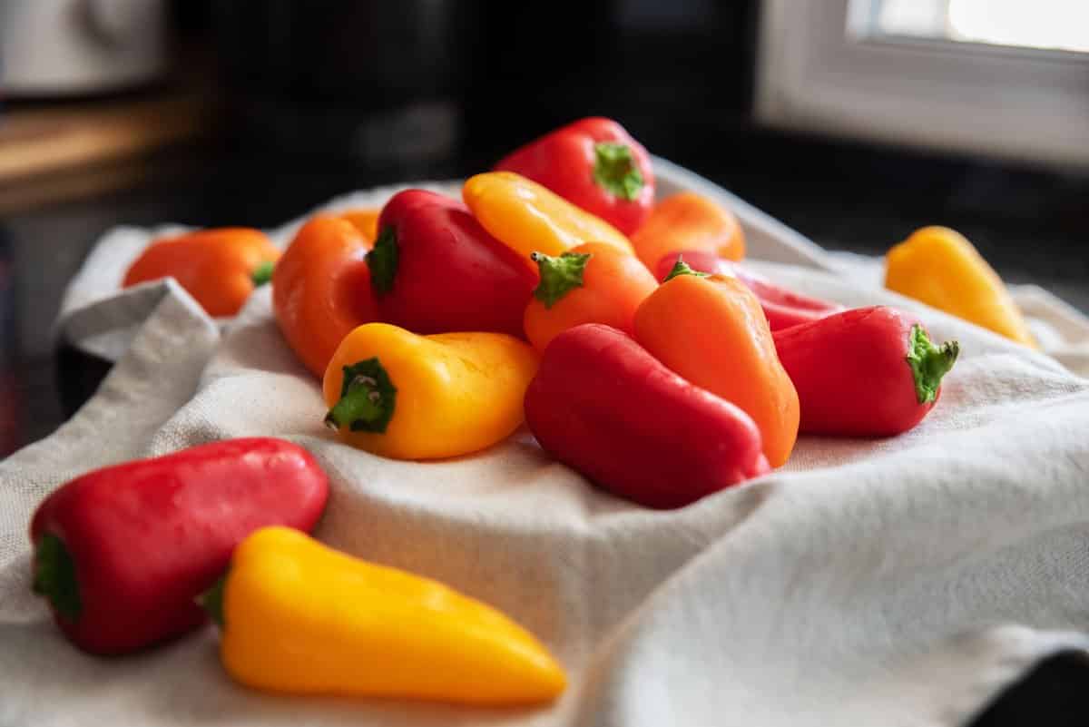 Small fresh peppers of assorted colours, red, yellow, and orange. 