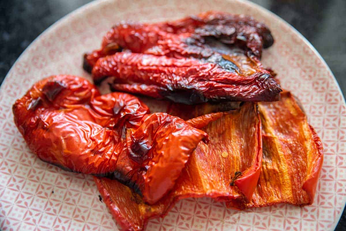 Charred grilled red peppers. 