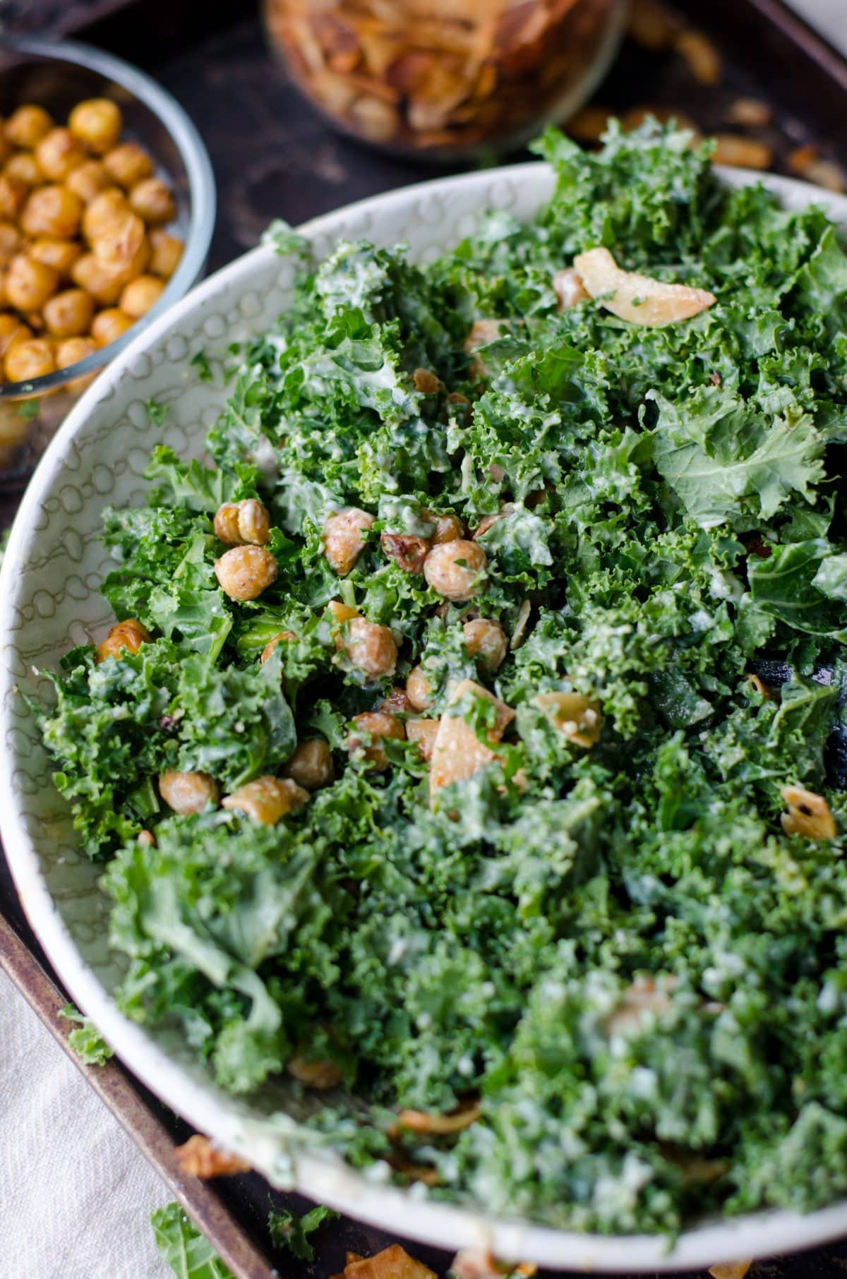 Close up of kale and chickpea salad.