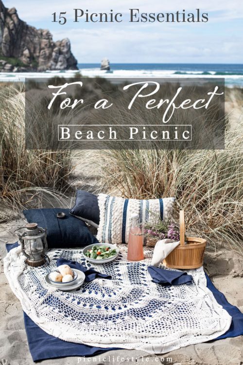 Pinterest graphic of a picnic set up on the beach with text overlay - "Beach picnic essentials"