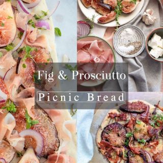 Collage of images for making fig and prosciutto focaccia bread.
