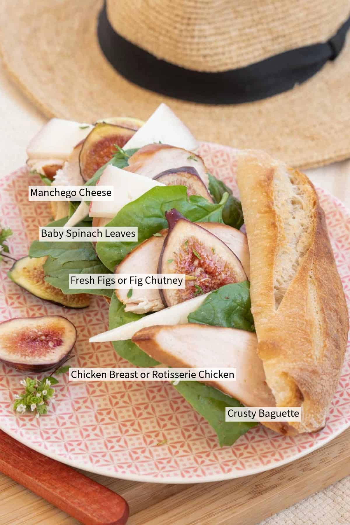 A sandwich with chicken and figs on a plate with a straw hat.