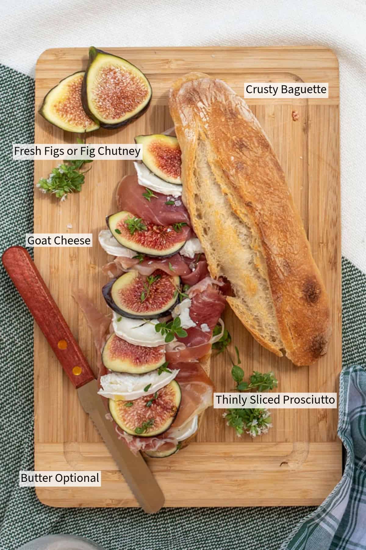 A wooden board with a crusty fig and prosciutto baguette labelled with the ingredients. 