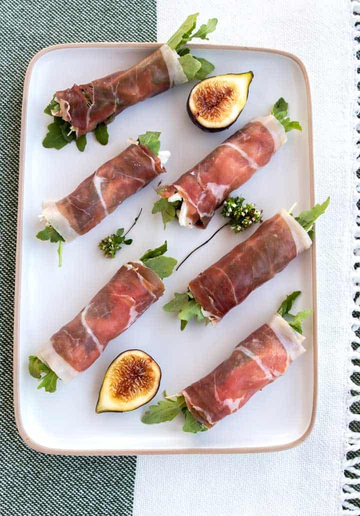 Prosciutto Wrapped Figs with Goats Cheese and Arugula