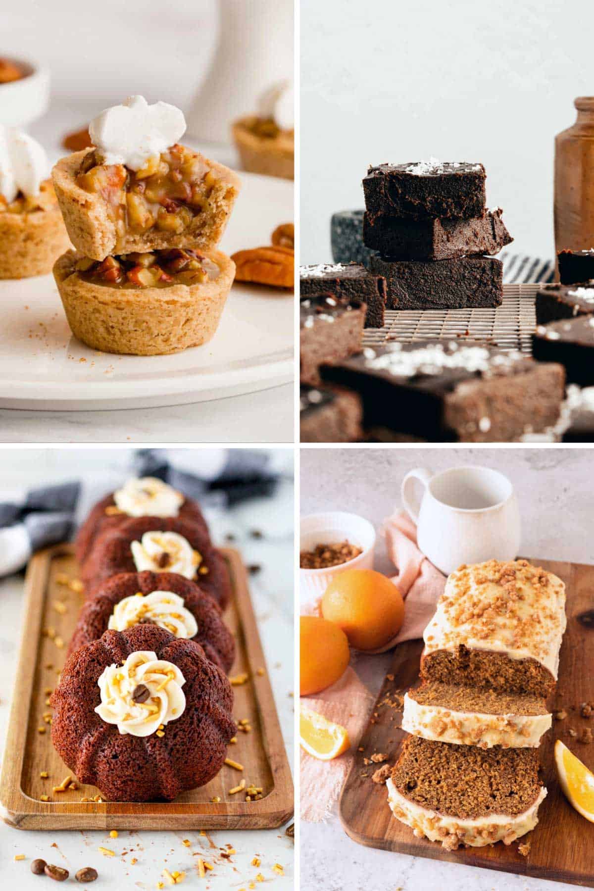 A collage of four dessert images: caramel pecan tartlets, chocolate brownies, mini bundt cakes topped with frosting, and orange loaf cake slices.