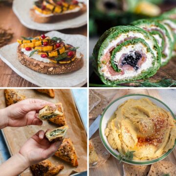 A collage showing toast with vegetables, a green spiral roll with a creamy filling, two pastries being held, and a bowl of hummus with sesame seeds.