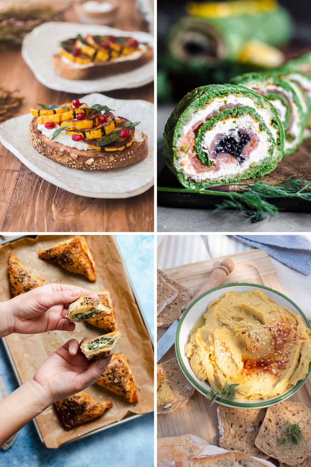 Four images of food: 1) Toast with vegetables and pomegranate seeds, 2) Rolled green wrap with filling, 3) Person holding filled pastries, and 4) Bowl of hummus with bread slices.