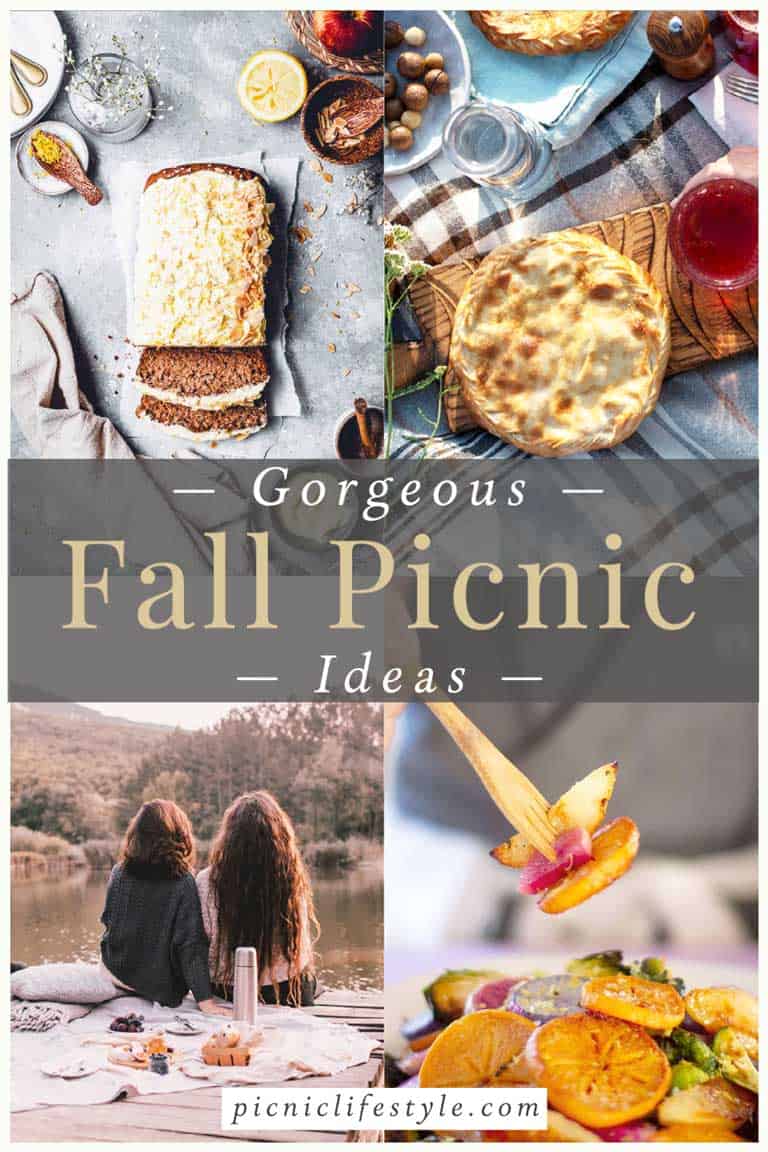 Collage of fall inspired picnic settings and recipes. 