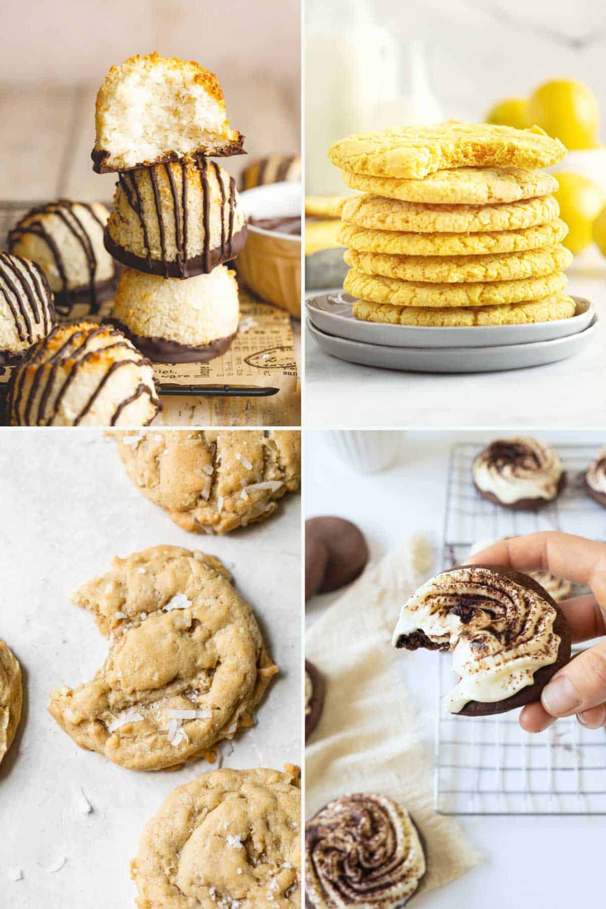 A collage of four types of cookies: chocolate-drizzled coconut macaroons, lemon cookies, chocolate chip cookies, and a hand holding a chocolate and vanilla swirled cookie.