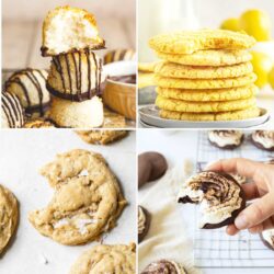 A collage showing four types of cookies: chocolate-dipped coconut macaroons, a stack of lemon cookies, cookies with a bite taken out, and a hand holding a frosted chocolate cookie.