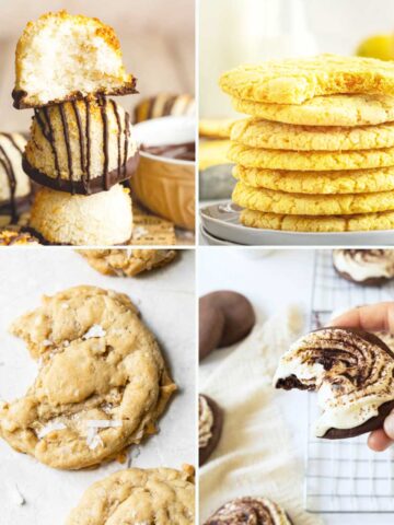 A collage showing four types of cookies: chocolate-dipped coconut macaroons, a stack of lemon cookies, cookies with a bite taken out, and a hand holding a frosted chocolate cookie.