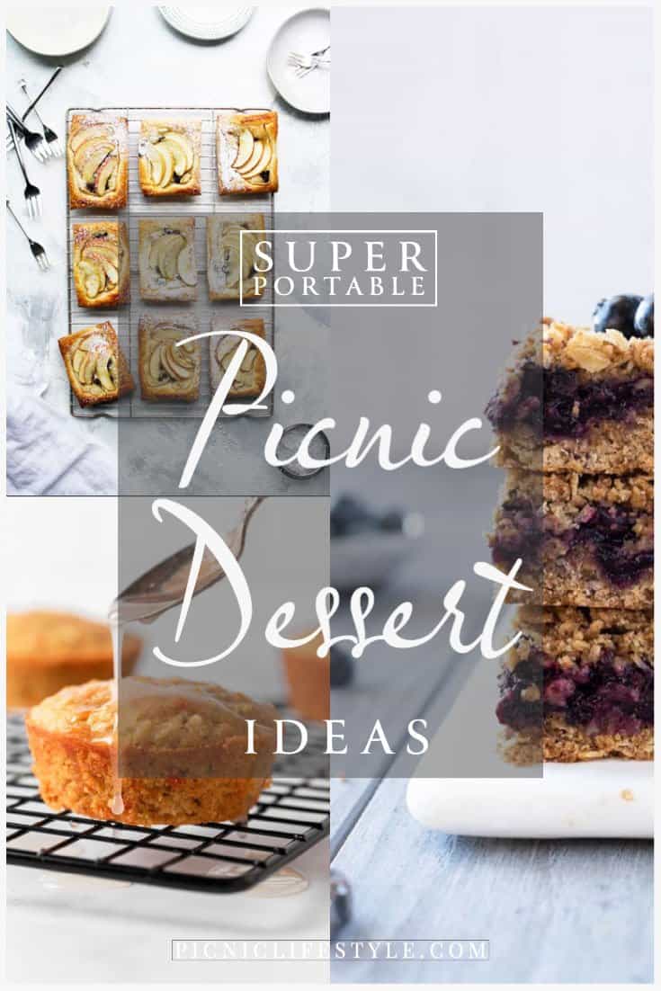 Collage of picnic desserts with text overlay "Super portable picnic dessert ideas".