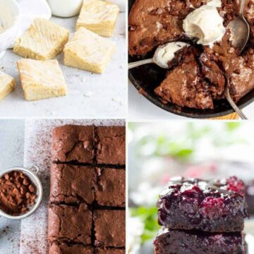 A collage of four images featuring different types of brownies, including a skillet brownie served with ice cream, cut squares of classic brownies, and brownies topped with a berry compote.