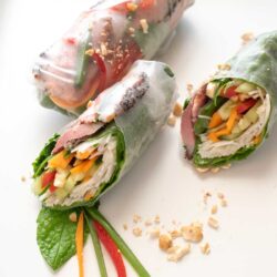Asian style rice paper rolls on a white plate.