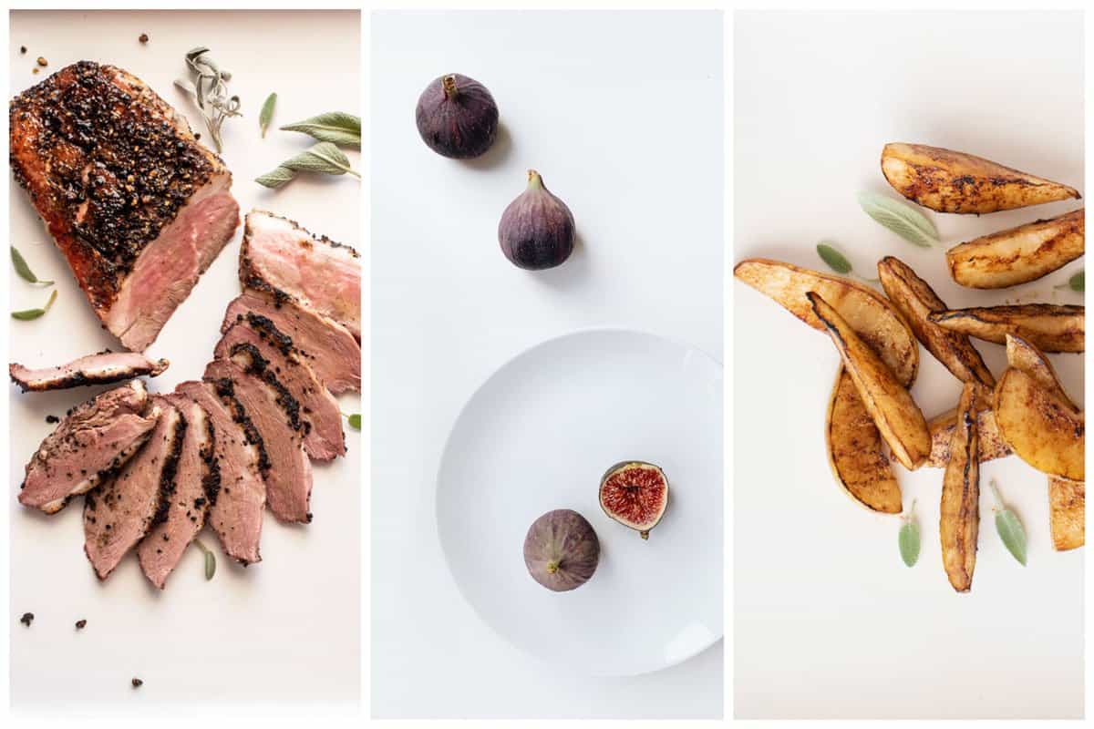 Collage showing sliced duck breast, figs, and grilled pears. 