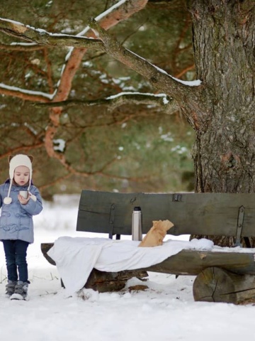 Young child in the snow having a picnic lunch on a bench.