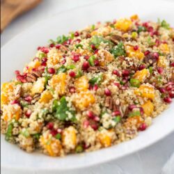 A white oval plate with a quinoa salad containing pomegranate seeds, chopped herbs, cubes of roasted squash, and pecans, accompanied by a wooden spoon on the side.