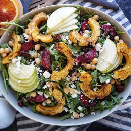Fall inspired salad for a picnic with pumpkin and apple.