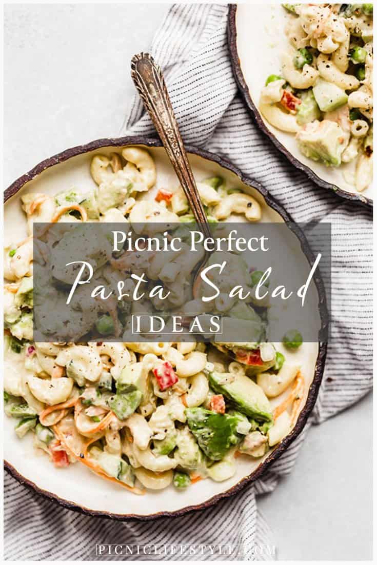 Bowl of macaroni pasta salad with text overlay-Picnic perfect Pasta Salad Ideas. 