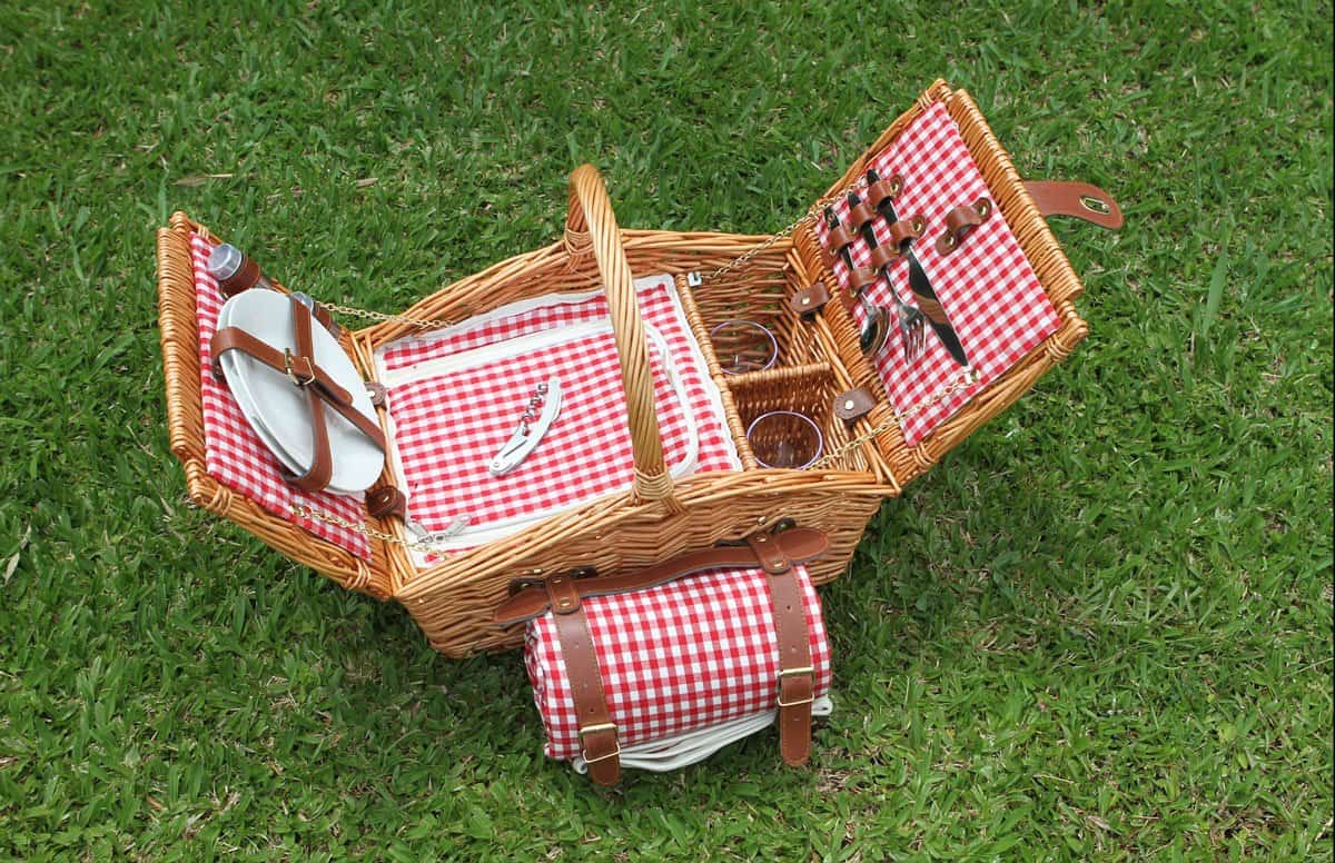 Picnic Basket for 2 Wicker Picknick Basket Set with Insulated Cooler for Outing Camping,Blue Gingham 