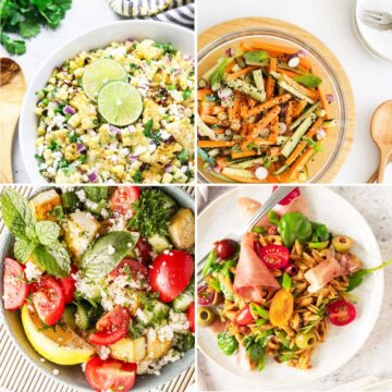 A collage of four vibrant, healthy dishes, each featuring a variety of vegetables, grains, and garnishes.