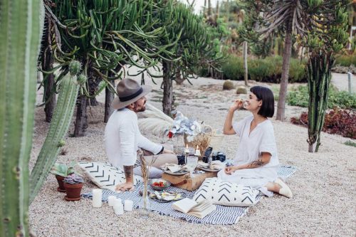 Attractive hipster couple enjoying a romantic picnic.