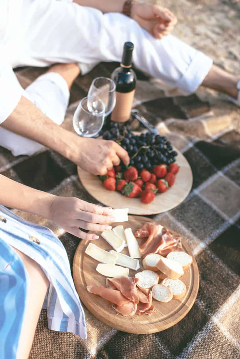Plates of cheese and fruits with wine on a picnic blanket. 