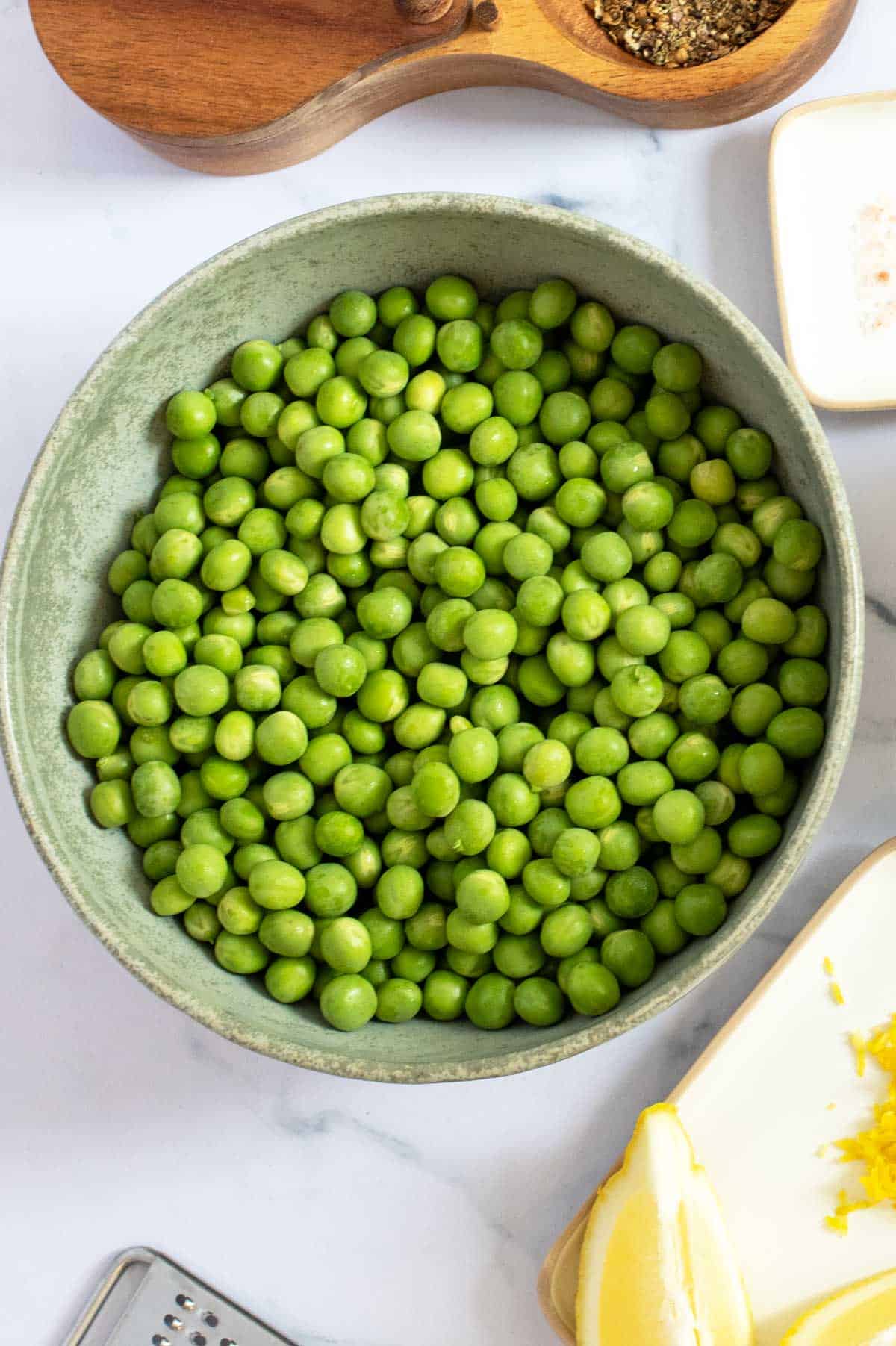 A bowl of peas for pea dip. 