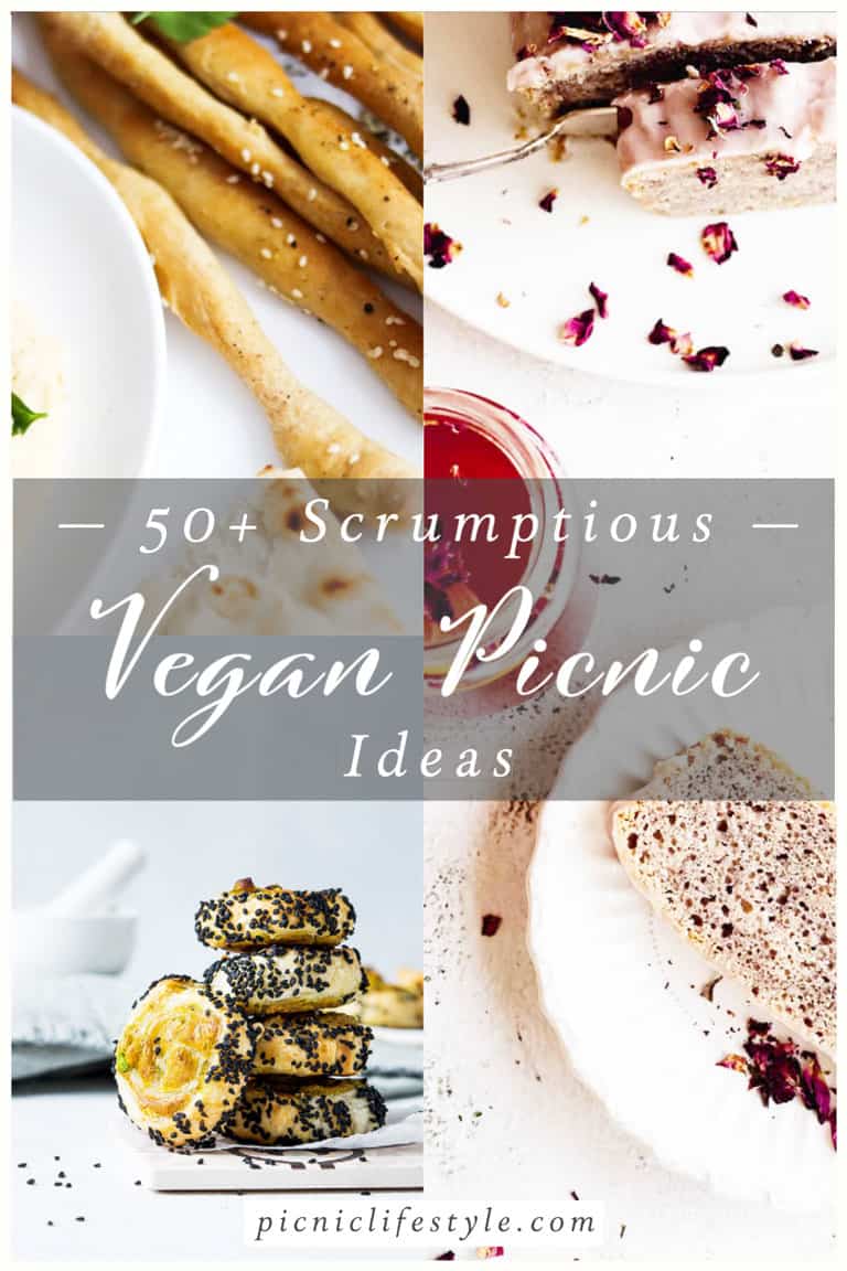 Collage of vegan picnic foods with text overlay - "50+ scrumptious vegan picnic food ideas".