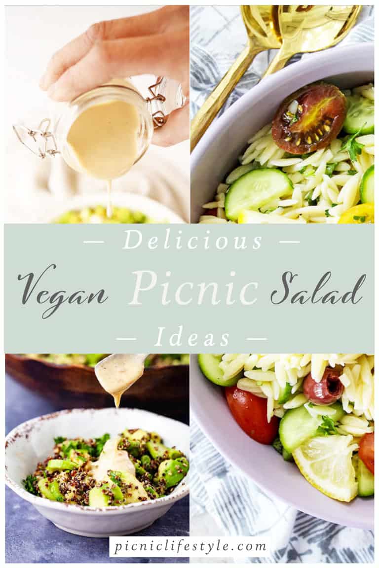 Collage of vegan salads with text overlay - "Delicious Vegan Picnic Salad Ideas"