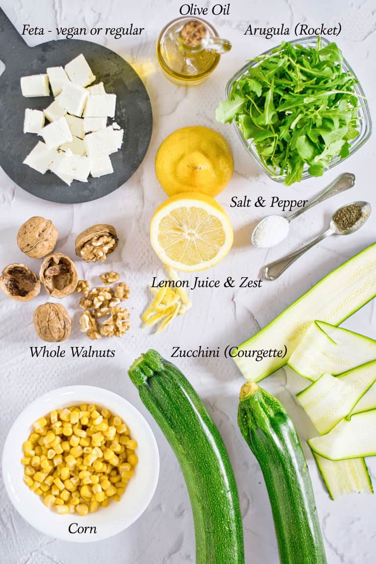 Ingredients laid out for summer zucchini salad.
