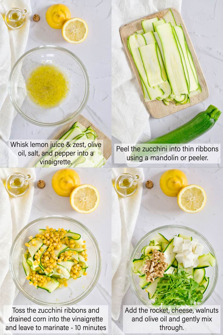 collage of images showing how to make a summer courgette salad.