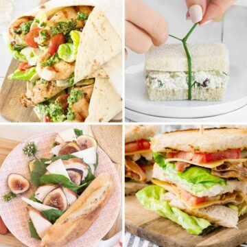 A collage of four different sandwiches: chicken wraps, chicken baguette, and a chicken club sandwich and chicken tea sandwich.