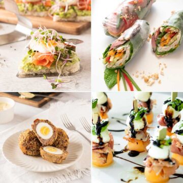 A collage of various gourmet appetizers and picnic finger food.