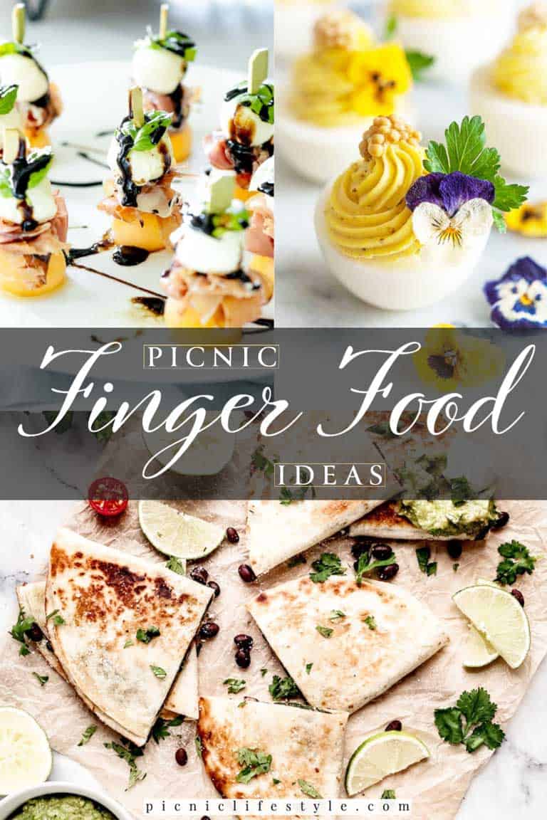 Collage of picnic finger food ideas with text overlay - Picnic Finger Food. 