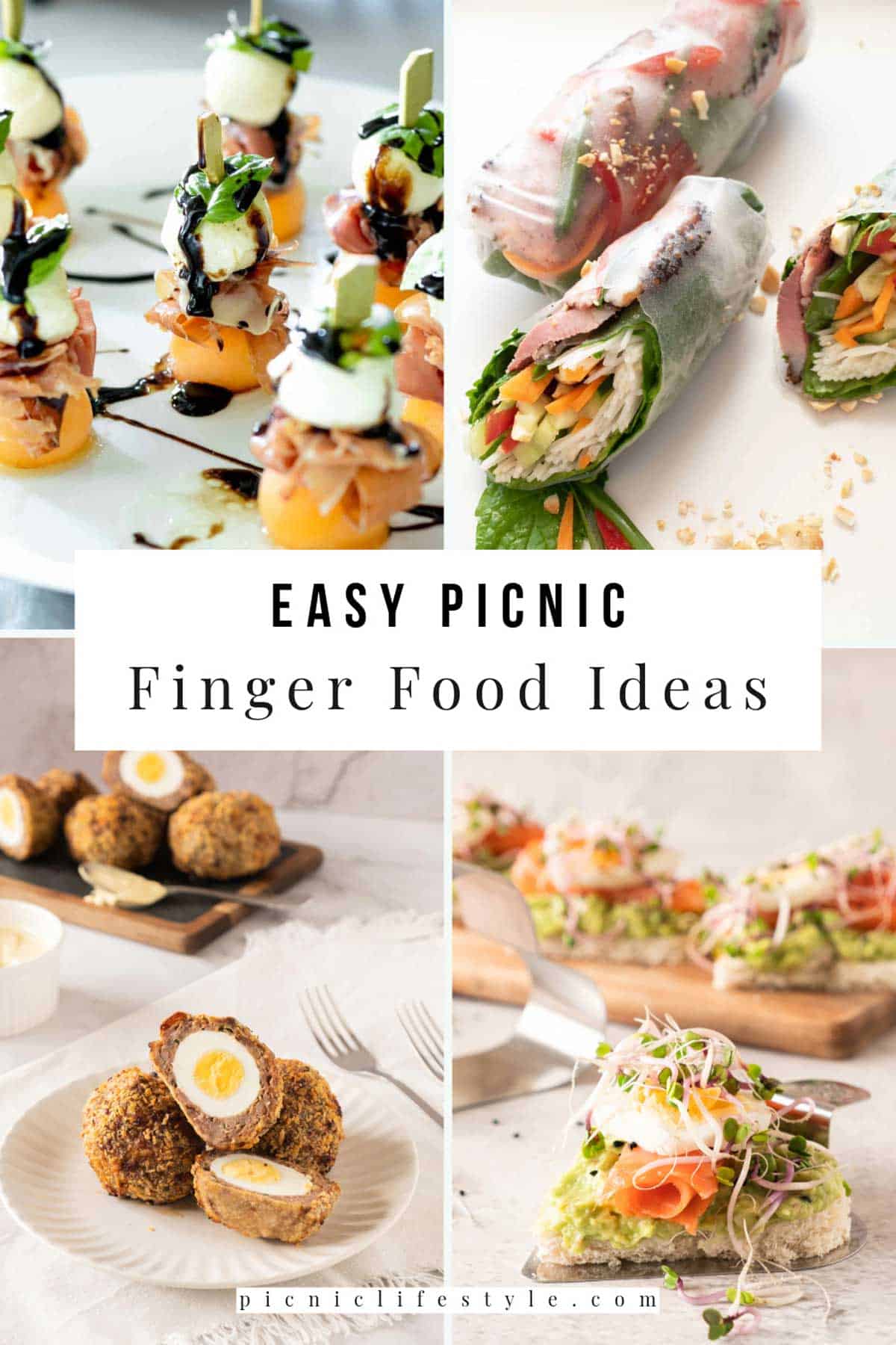 A collage showcasing a variety of easy finger food ideas suitable for a picnic.