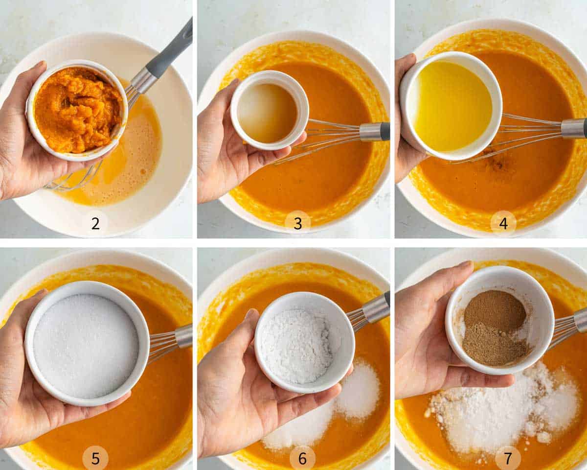 Step-by-step process of mixing ingredients for ket pumpkin muffins.