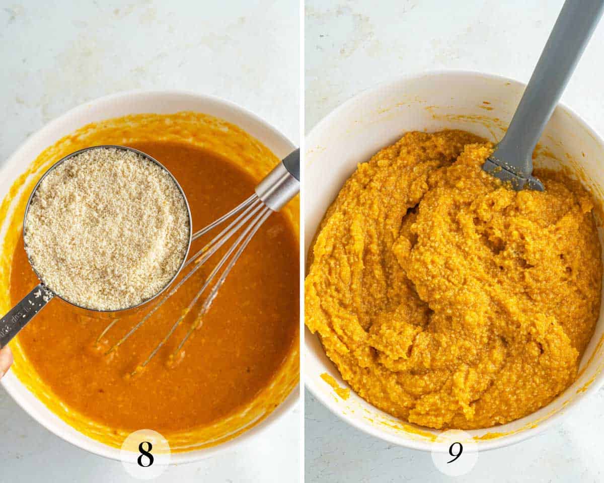Step-by-step cooking process for pumpkin muffins: step 8 - a cup of dry ingredients being added to a wet mix, and step 9 - the batter after combining dry and wet ingredients.