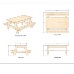 Blueprint of a picnic table with four views: perspective, plan, end, and front. Dimensions are shown, including 48" width, 43" table length, 21" seat height, and 24" table height.