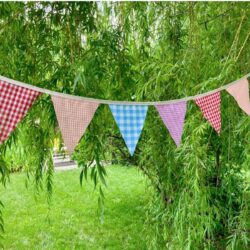 Colorful checkered pennant banners are strung between trees in a lush, green outdoor setting.