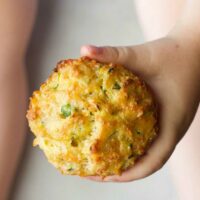 Child holding a savoury vegetable muffin.