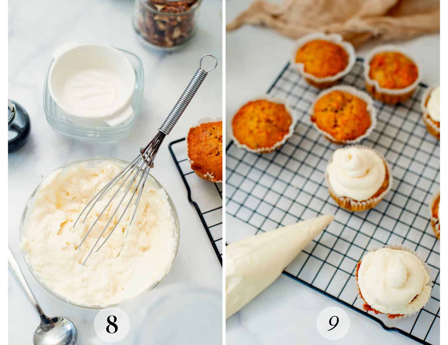 Two images showing the preparation of cream cheese frosting and frosting carrot cupcakes.