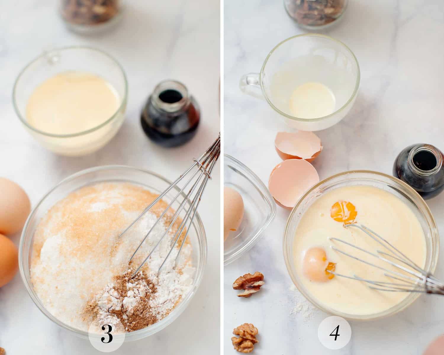 Two photos showing the wet and dry ingredient process for Carrot Cake Cupcakes.