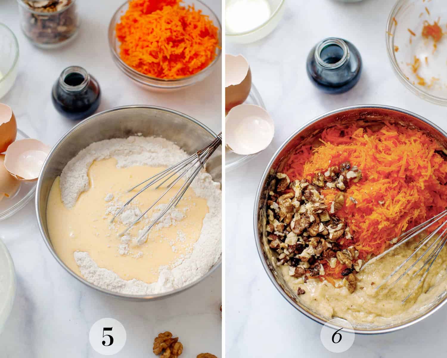 Two photos showing mixing the wet ingredients with carrot and walnut for carrot cake. 