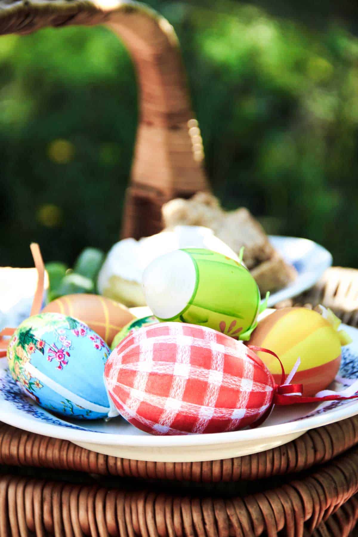 Easter Eggs on a picnic basket.
