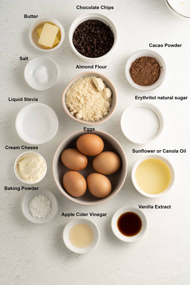 Ingredients for keto chocolate cake with titles in text overlay. 