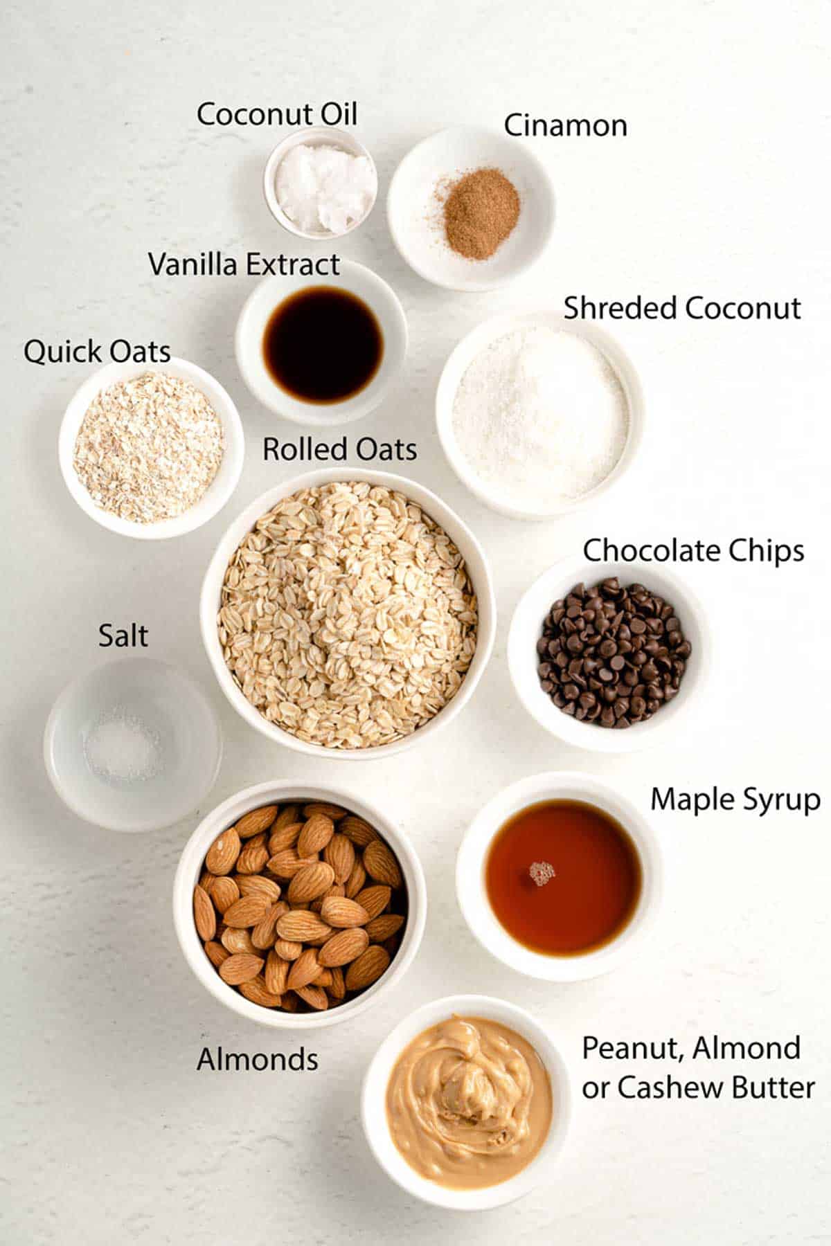 Ingredients for no bake granola bars laid out on a table. 