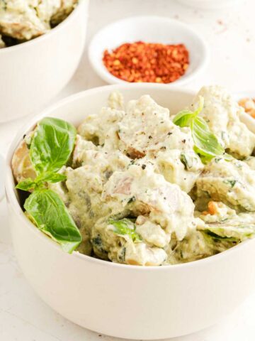 Bowl of pesto potato salad.