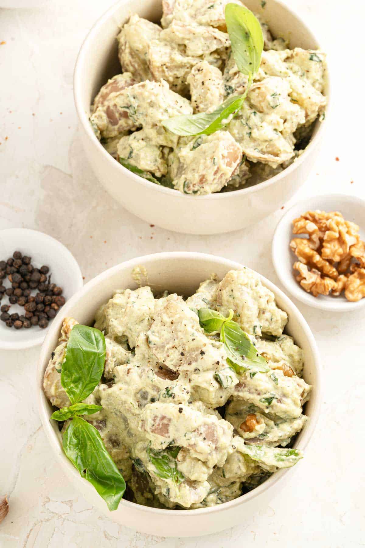 Bowls of basil pesto potato salad. 